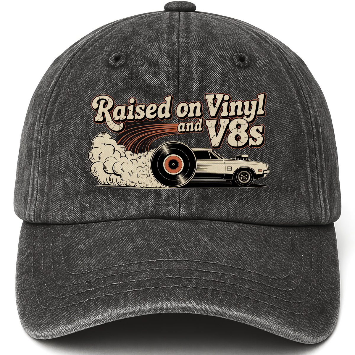Black vintage washed cap with Raised on Vinyl and V8s printed front design