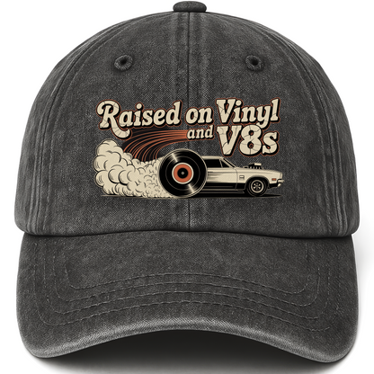 Black vintage washed cap with Raised on Vinyl and V8s printed front design