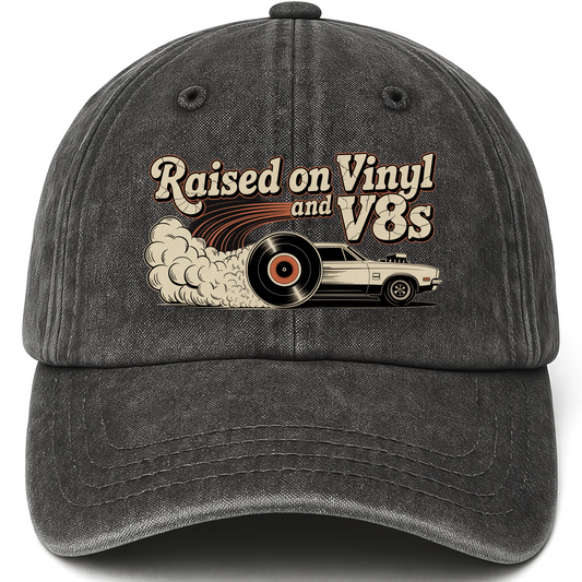 Black vintage washed cap with Raised on Vinyl and V8s printed front design