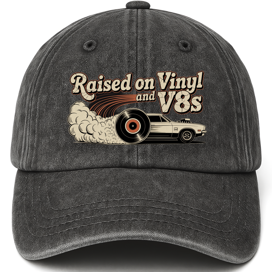 Black vintage washed cap with Raised on Vinyl and V8s printed front design