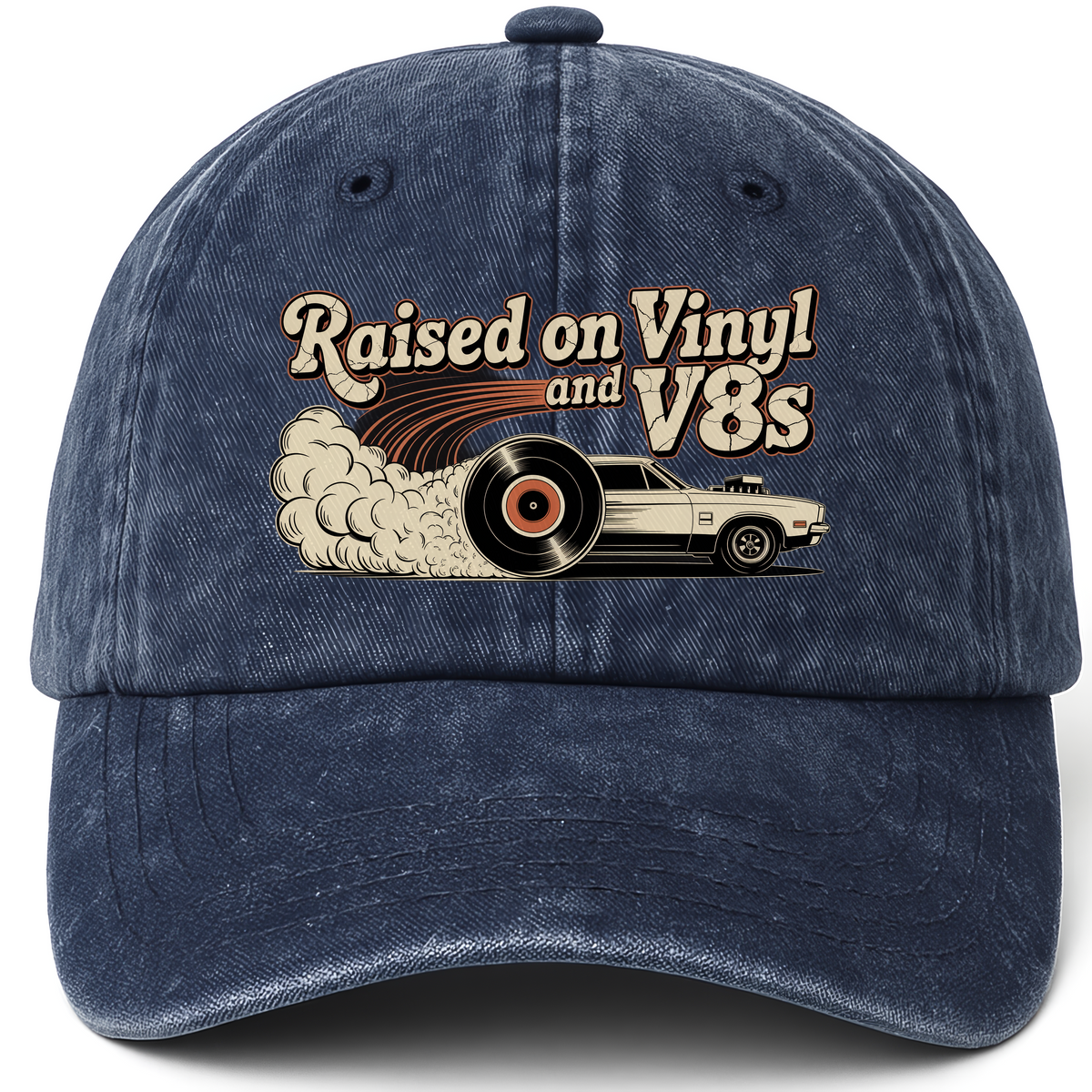 Navy vintage washed cap with Raised on Vinyl and V8s printed front design