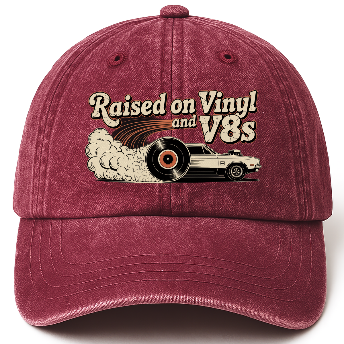 Wine Red vintage washed cap with Raised on Vinyl and V8s printed front design