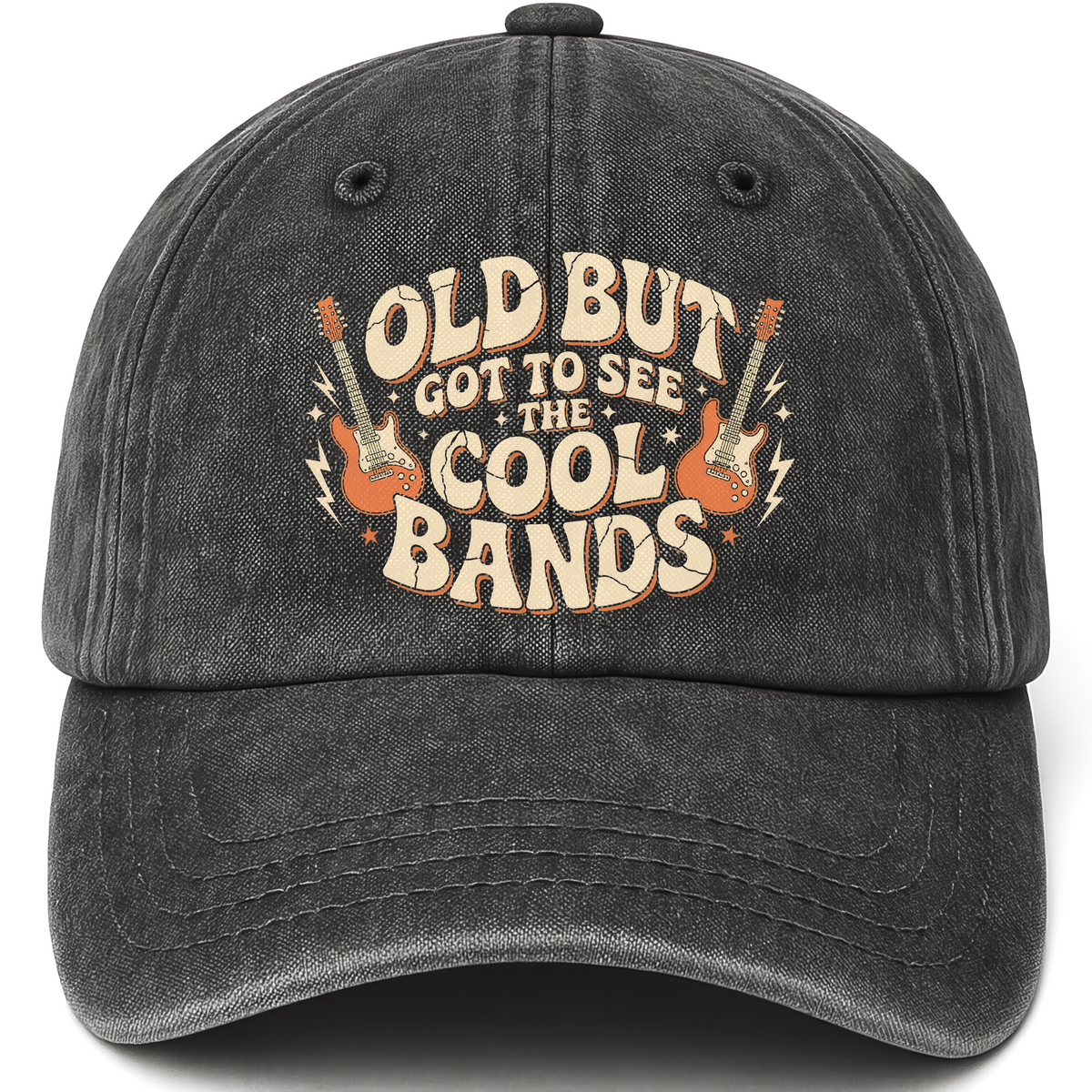 Black vintage washed cap with Old But Got to See the Cool Bands printed front design