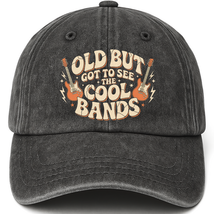Black vintage washed cap with Old But Got to See the Cool Bands printed front design