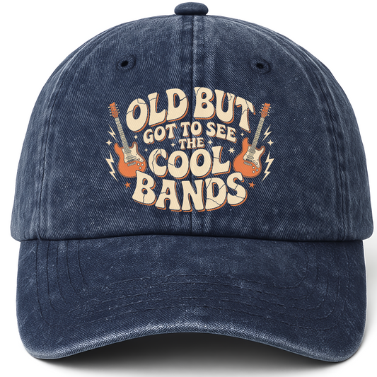 Navy vintage washed cap with Old But Got to See the Cool Bands printed front design