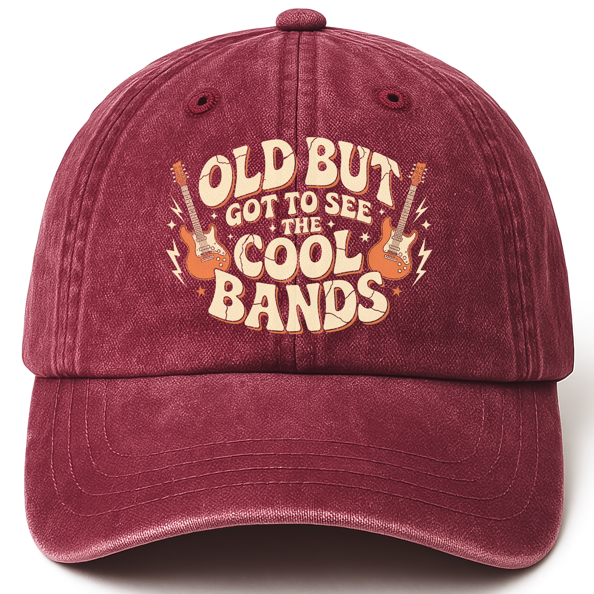Wine Red vintage washed cap with Old But Got to See the Cool Bands printed front design