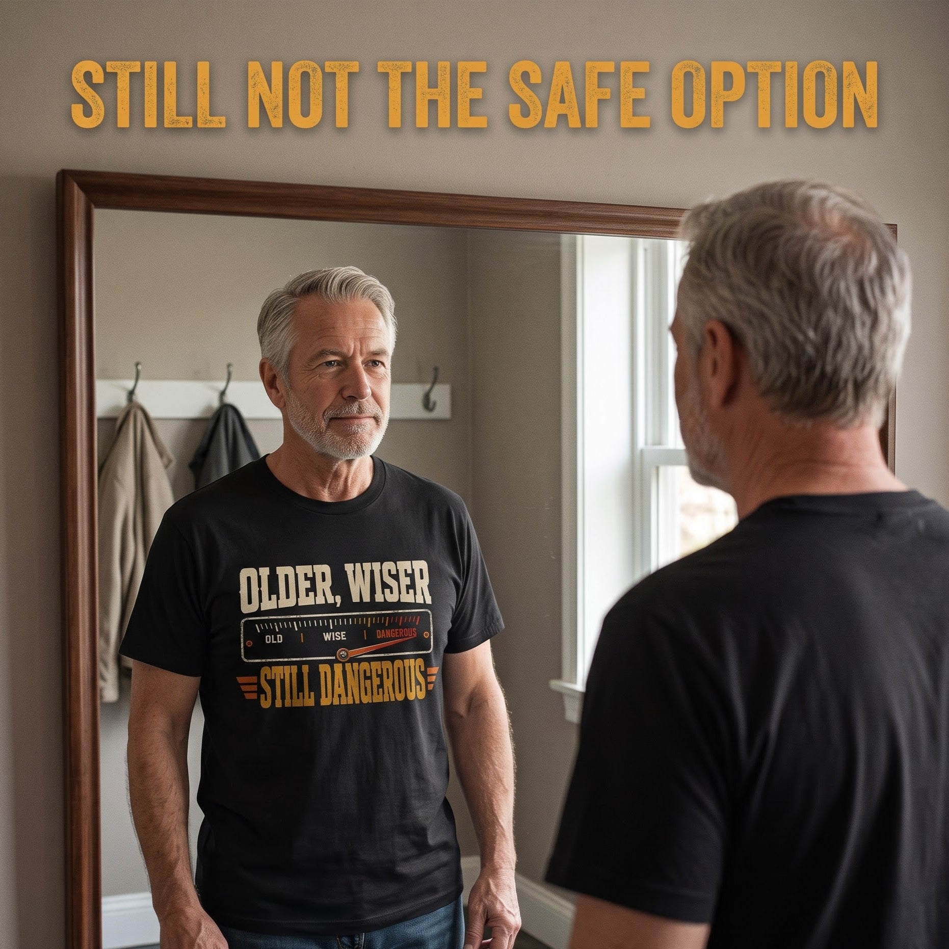 Oldmanism T-shirt featuring Older. Wiser. Still Dangerous graphic print on front
