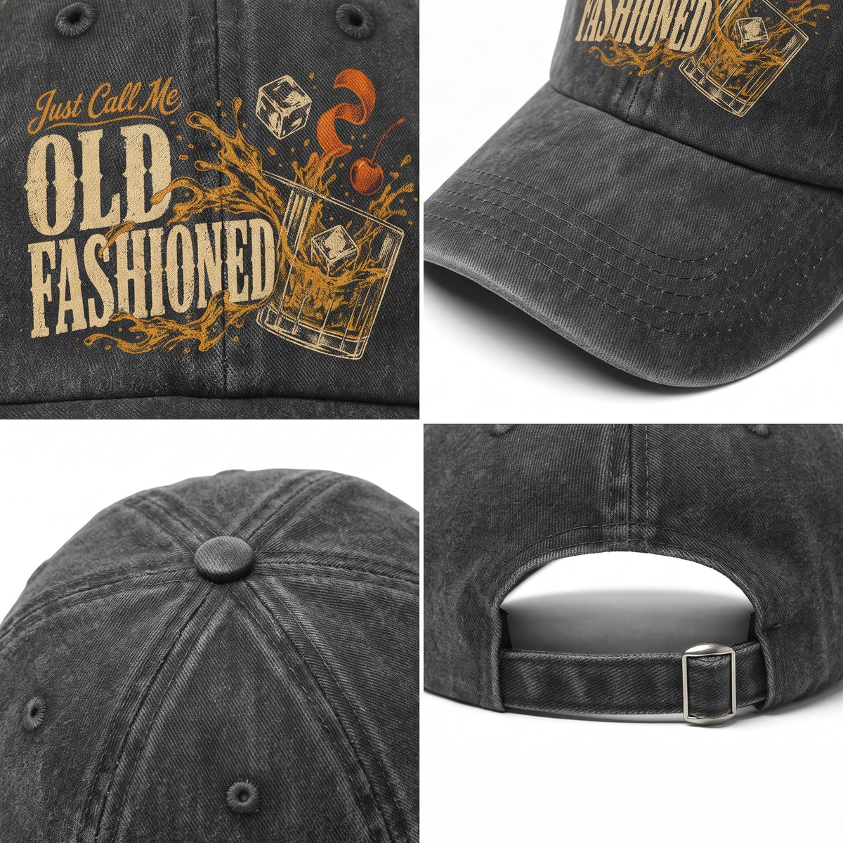 Black washed cap detail collage with Old Fashioned front print and strap