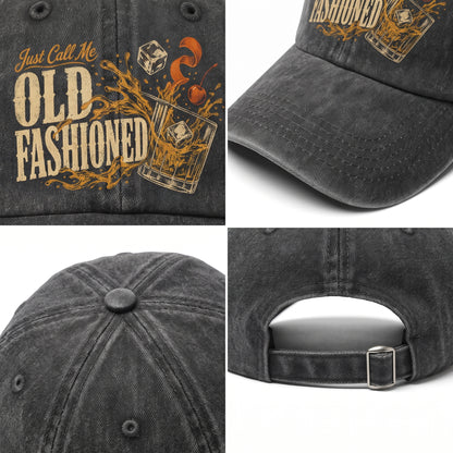 Black washed cap detail collage with Old Fashioned front print and strap