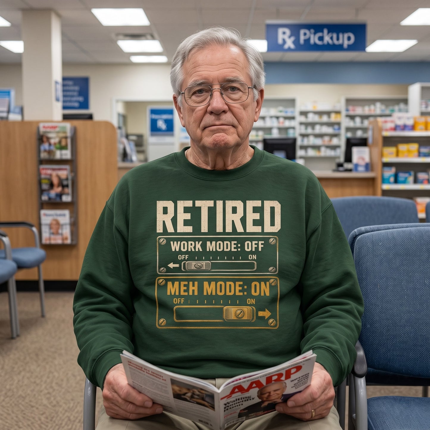 Sweatshirt with Retired. Meh Mode On printed front graphic design