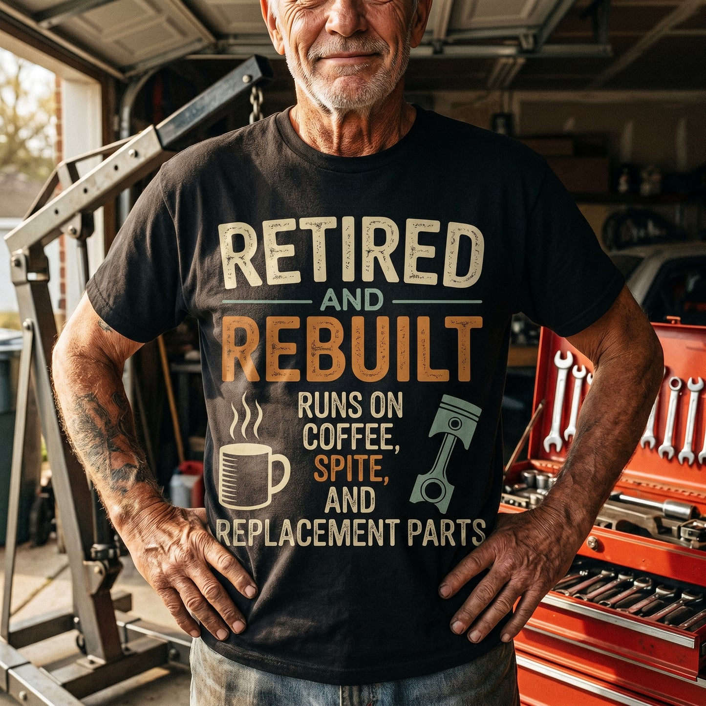 "Retired & Rebuilt. Runs on Coffee, Spite and Replacement Parts" Vintage T-Shirt
