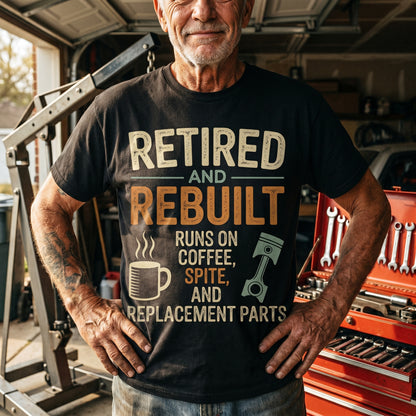 "Retired & Rebuilt. Runs on Coffee, Spite and Replacement Parts" Vintage T-Shirt