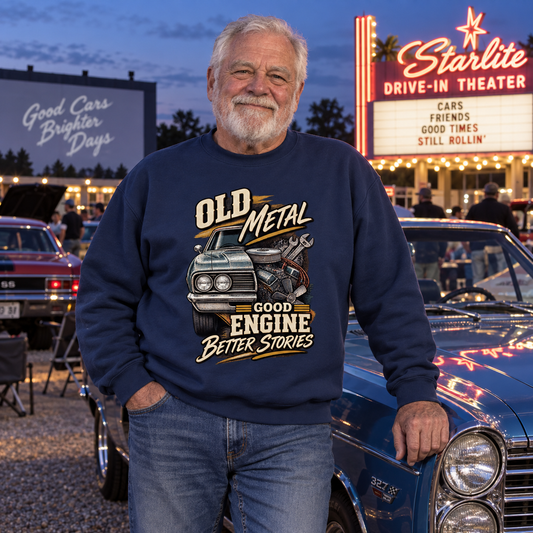 "Old Metal. Good Engine Better Stories" Vintage Sweatshirt