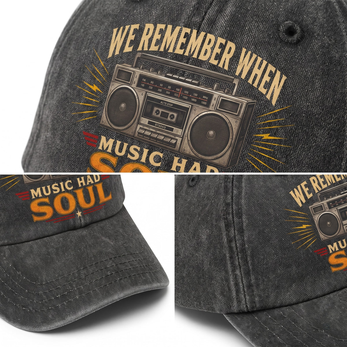 A dark gray acid-wash baseball cap shown in multiple angles, featuring a retro boombox graphic with the text 'WE REMEMBER WHEN MUSIC HAD SOUL'.