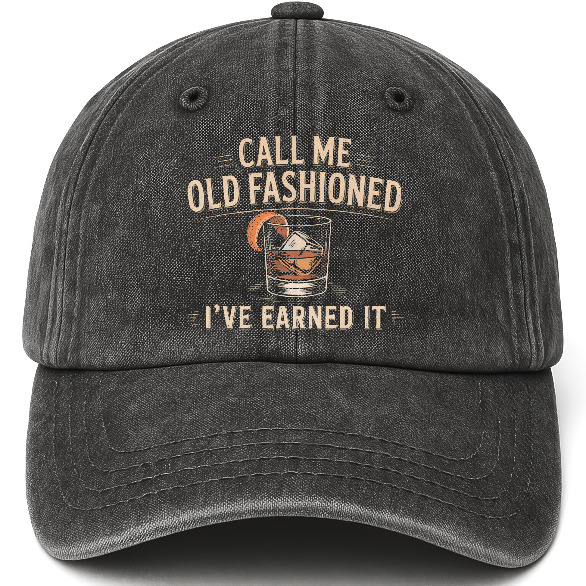 Black vintage washed cap with Call Me Old Fashioned, I’ve Earned It printed front design