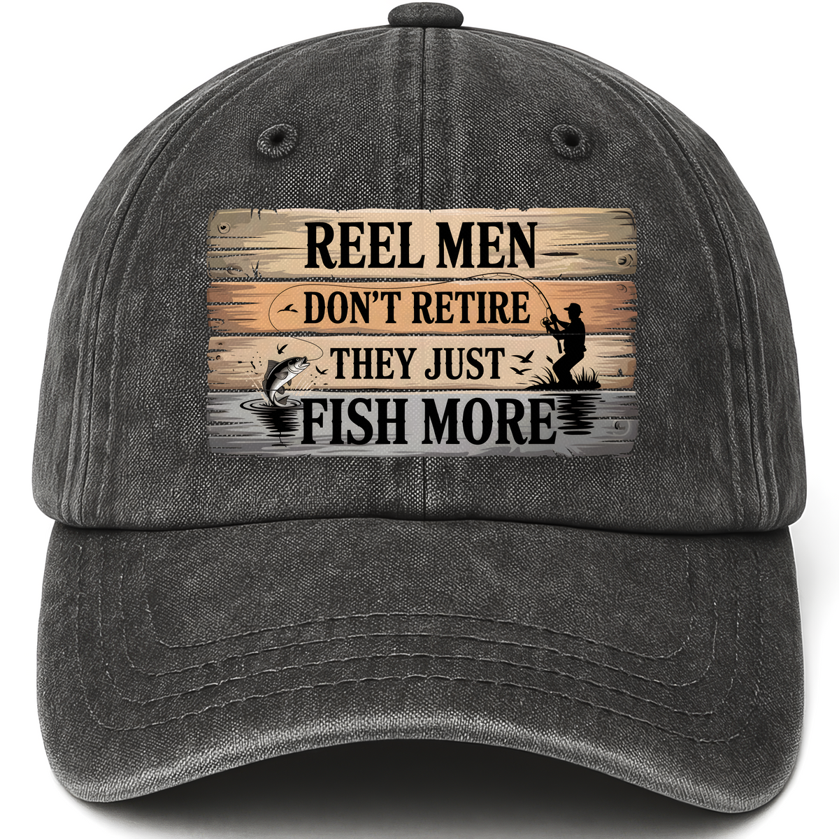 Black vintage washed cap with Reel Men Don’t Retire – They Just Fish More printed front design