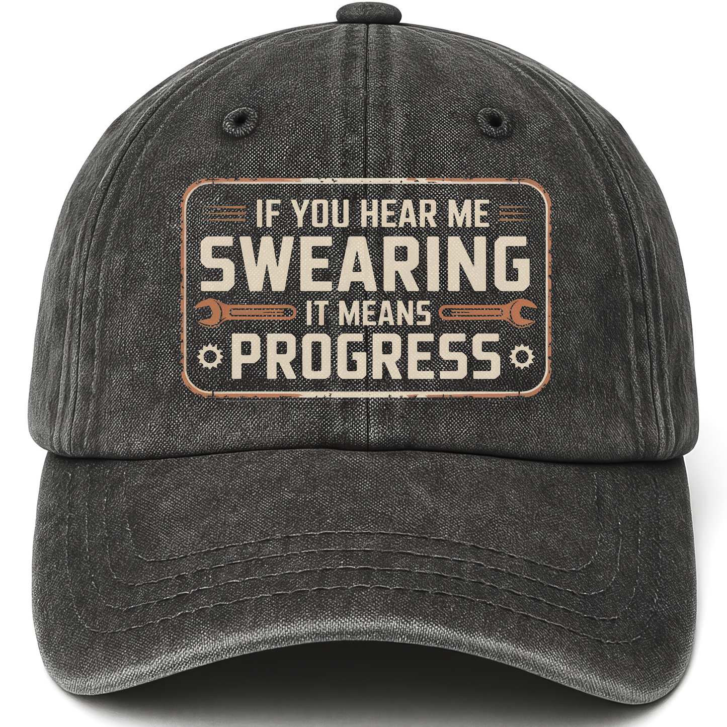 Black vintage washed cap with “If You Hear Me Swearing, It Means Progress” Vintage Mechanic Cap printed front design