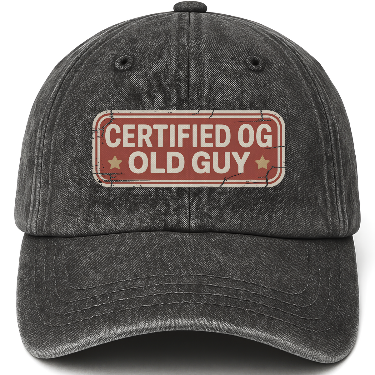 Black vintage washed cap with “Certified OG Old Guy” All-American Badge Legacy Cap printed front design