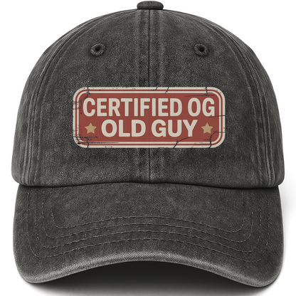 Black vintage washed cap with “Certified OG Old Guy” All-American Badge Legacy Cap printed front design