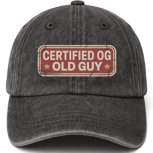 Black vintage washed cap with “Certified OG Old Guy” All-American Badge Legacy Cap printed front design