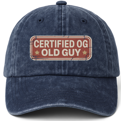 Navy vintage washed cap with “Certified OG Old Guy” All-American Badge Legacy Cap printed front design