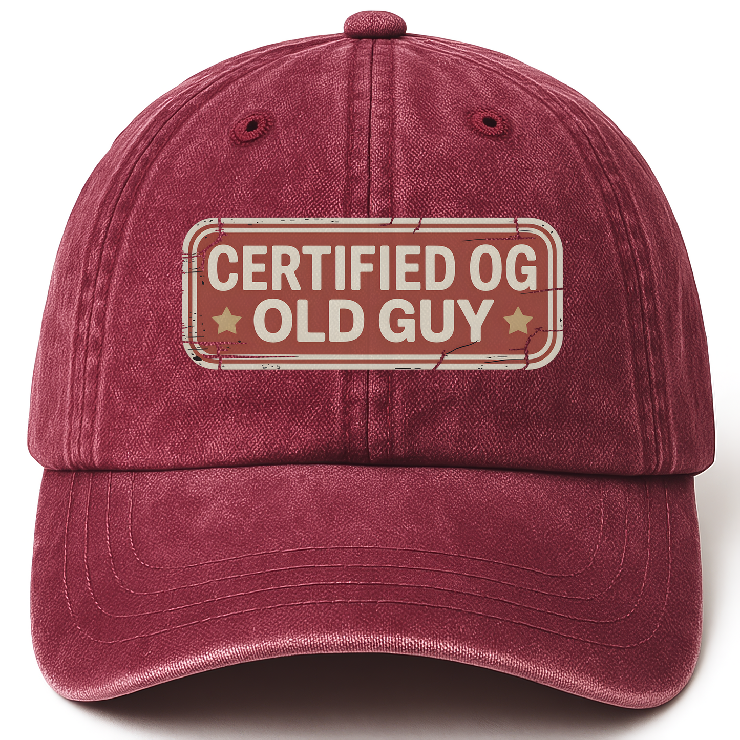 Wine Red vintage washed cap with “Certified OG Old Guy” All-American Badge Legacy Cap printed front design
