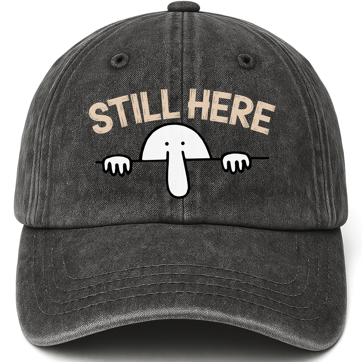 Black vintage washed cap with “Still Here” – Kilroy Vintage Cap for the Ones Who Never Left printed front design