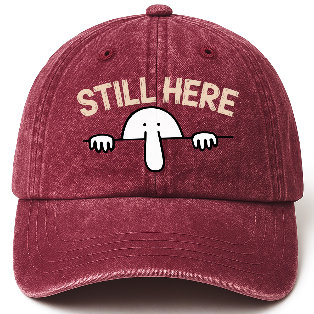 Wine Red vintage washed cap with “Still Here” – Kilroy Vintage Cap for the Ones Who Never Left printed front design