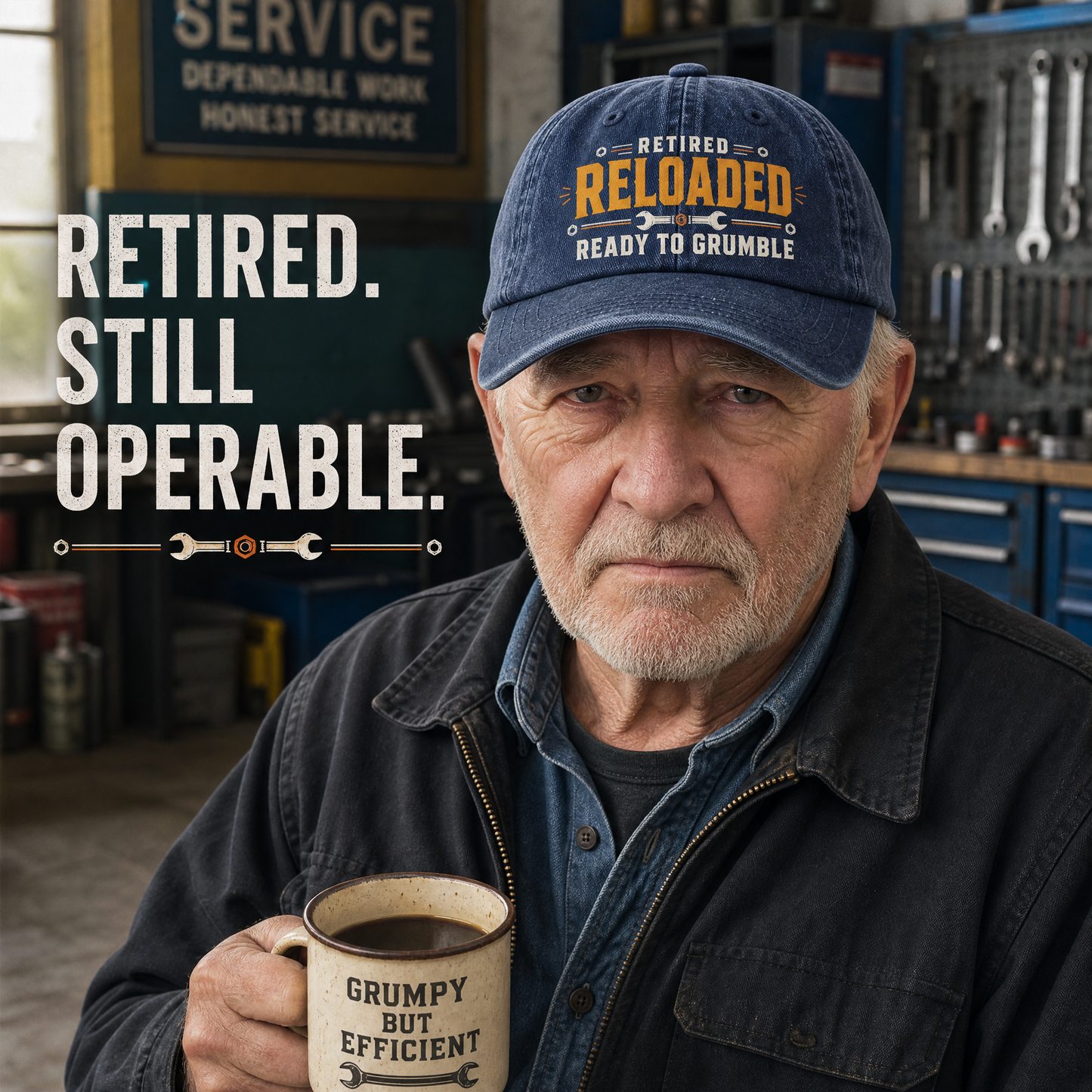"Retired. Reloaded. Ready to Grumble" Vintage Washed Cap
