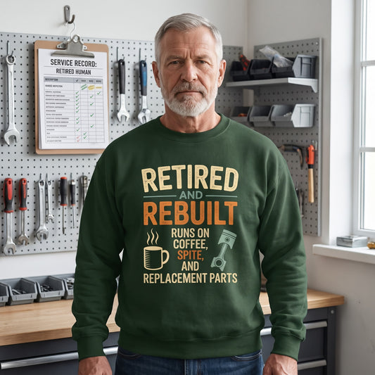 Retired and Rebuilt coffee replacement parts sweatshirt with printed graphic design