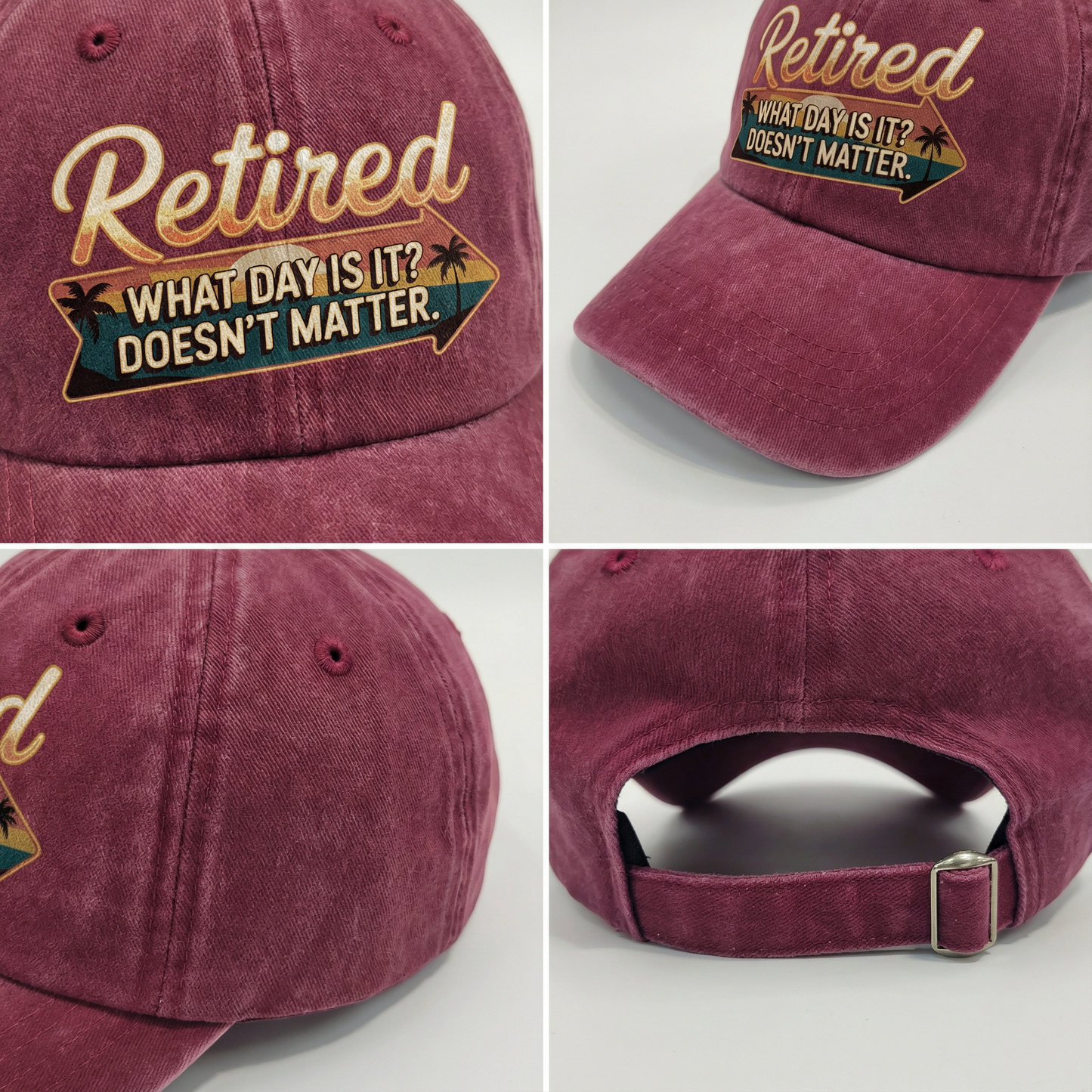 “Retired. What Day Is It? Doesn’t Matter.” Vintage Sunset Neon Style Cap