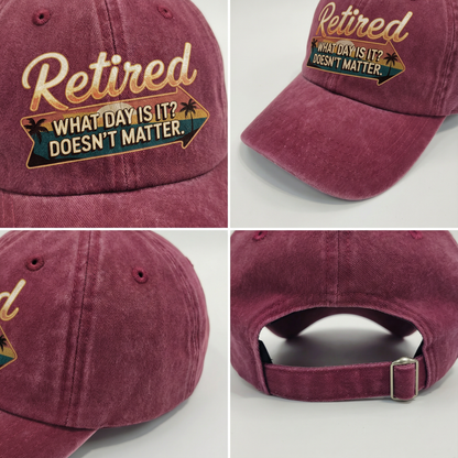 “Retired. What Day Is It? Doesn’t Matter.” Vintage Sunset Neon Style Cap