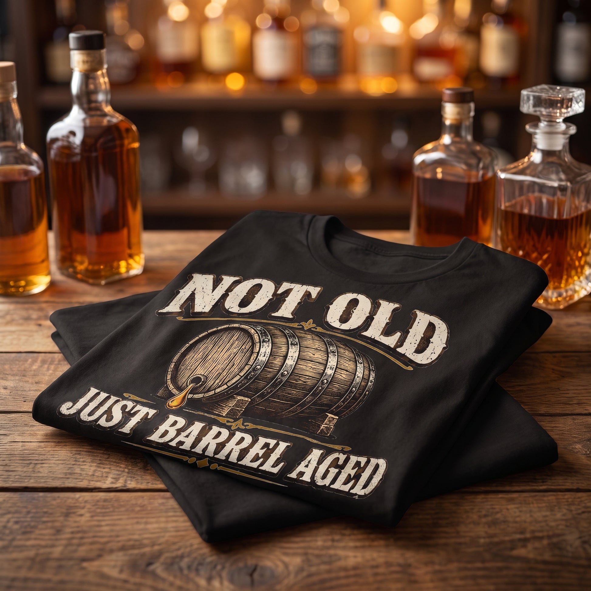 Folded black T-shirt displayed on bar with whiskey bottles and decanters