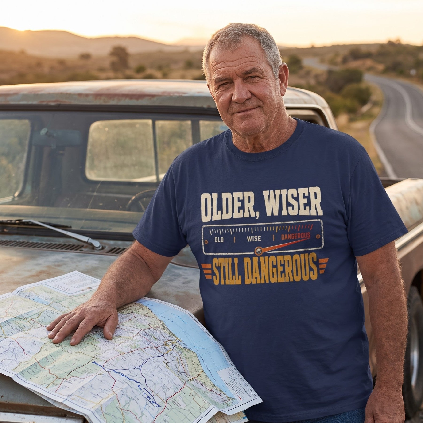 Casual vintage T-shirt with Older. Wiser. Still Dangerous printed design detail