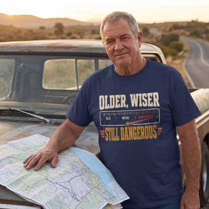 Casual vintage T-shirt with Older. Wiser. Still Dangerous printed design detail