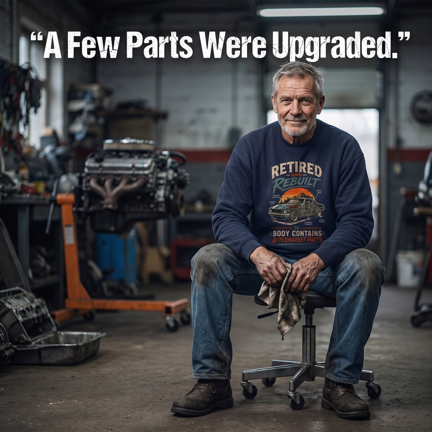 "Retired and Rebuilt Body Contains Aftermarket Parts" Funny Vintage Sweatshirt