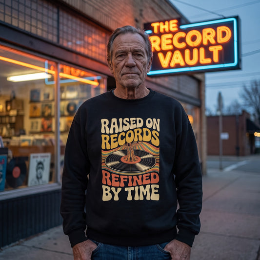 Vintage sweatshirt with Raised On Records Refined By Time printed vinyl design