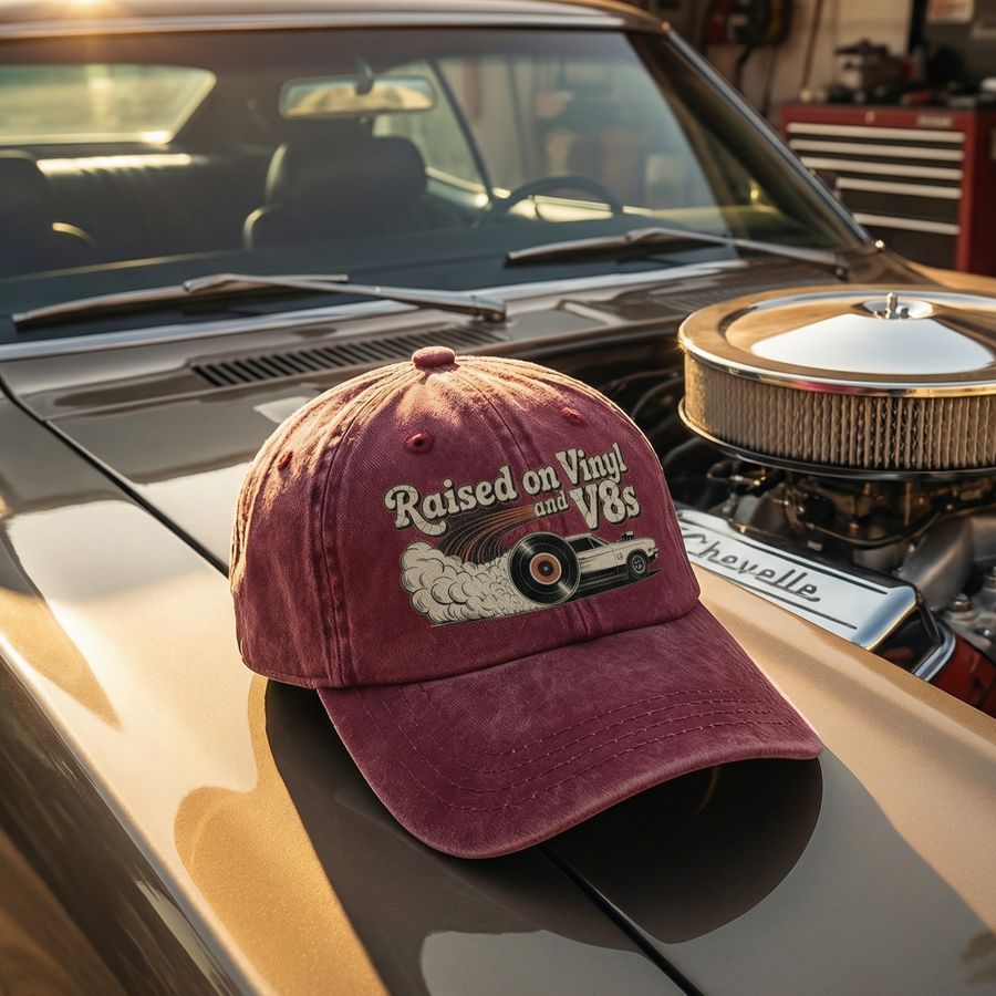 Burgundy Raised on Vinyl and V8s printed cap on car hood