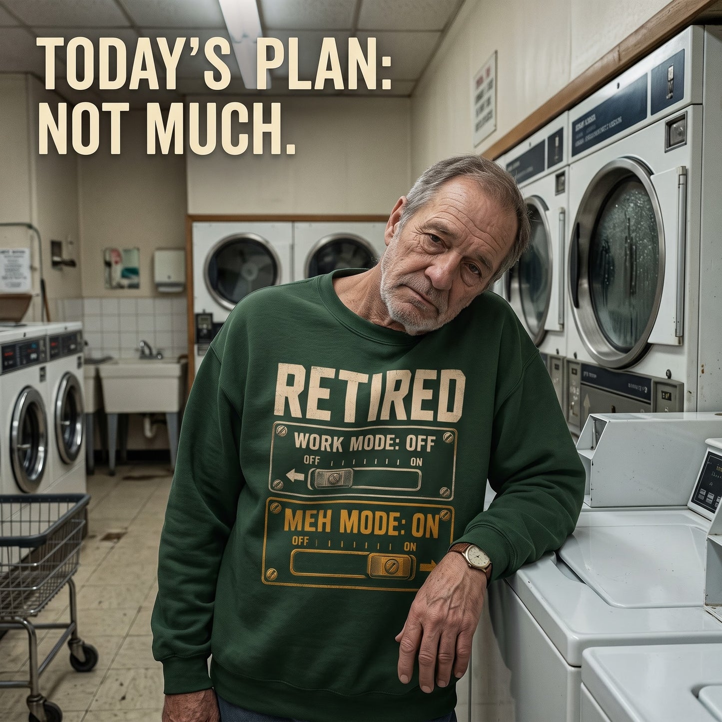 Casual sweatshirt featuring Retired. Meh Mode On graphic print for Oldmanism