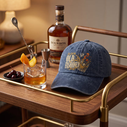 Navy cap on bar cart with bourbon bottle, cocktail, cherries, and orange peel