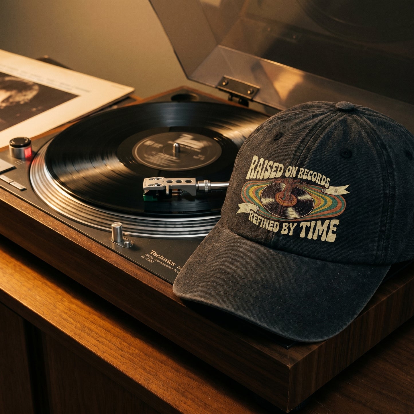 "Raised On Records. Refined By Time" Retro Music Washed Cap