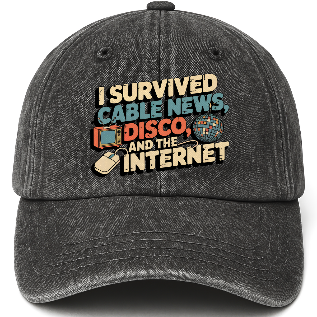 Black vintage washed cap with I Survived Cable News, Disco, and the Internet printed front design
