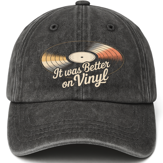 Black vintage washed cap with It Was Better On Vinyl printed front design