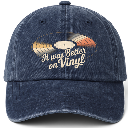 Navy vintage washed cap with It Was Better On Vinyl printed front design