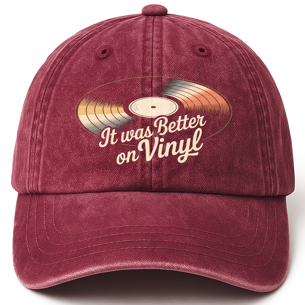 Wine Red vintage washed cap with It Was Better On Vinyl printed front design