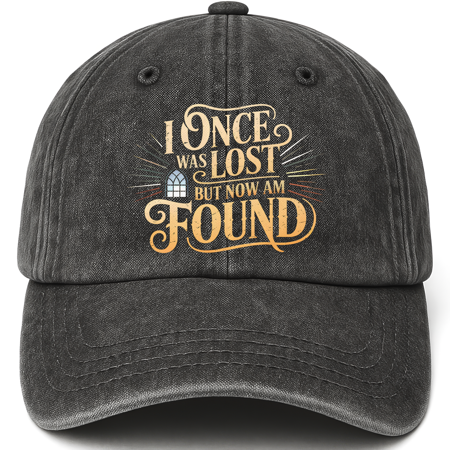 Black vintage washed cap with I Once Was Lost But Now Am Found printed front design