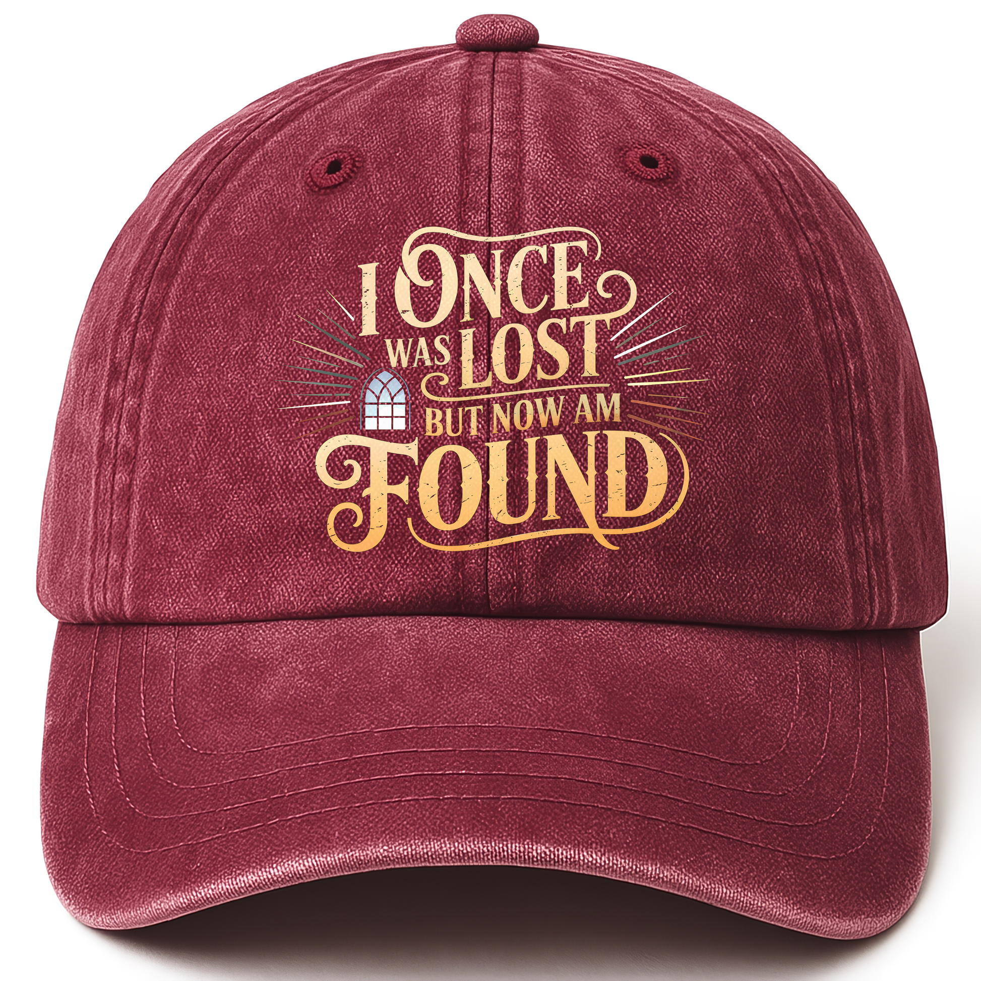 Wine Red vintage washed cap with I Once Was Lost But Now Am Found printed front design