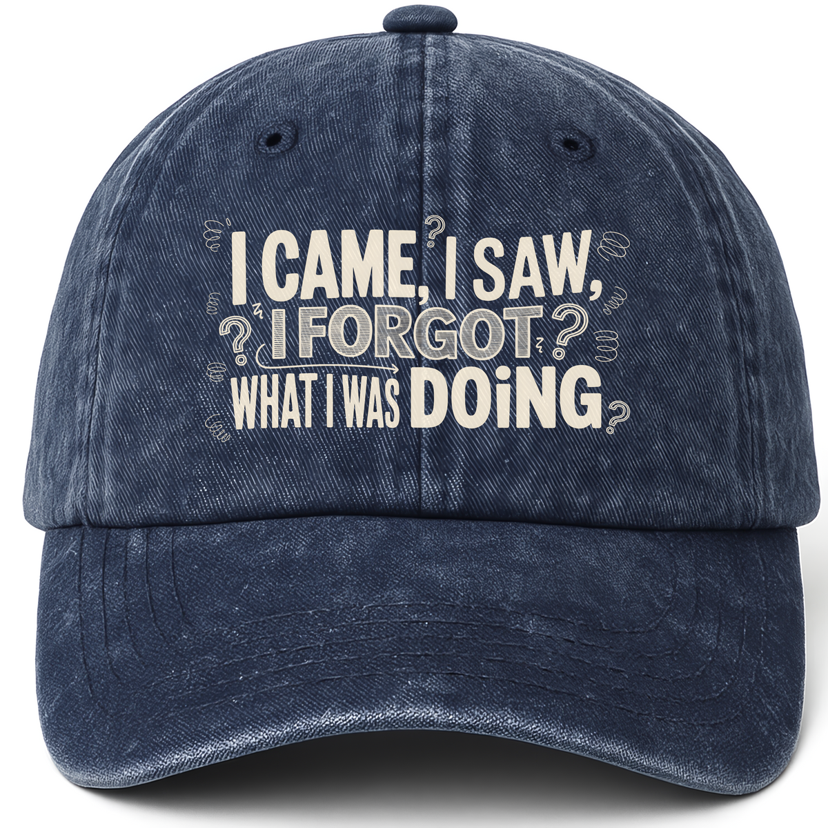 Navy vintage washed cap with Senior Moment printed front design
