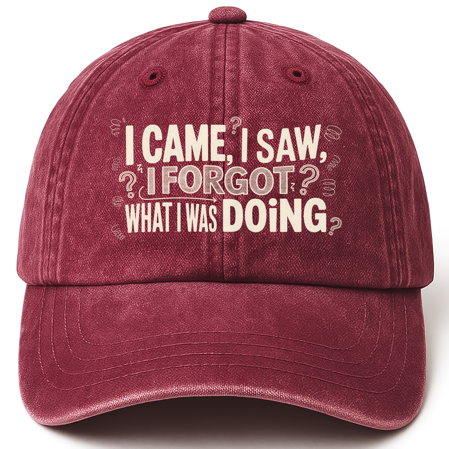 Wine Red vintage washed cap with Senior Moment printed front design