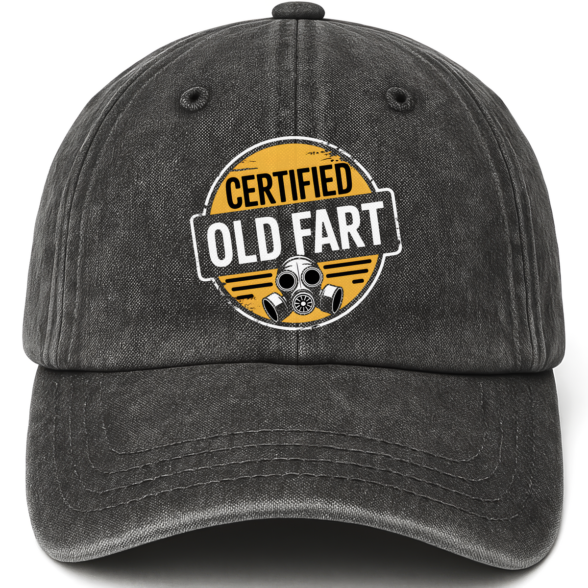 Black vintage washed cap with Certified Old Fart printed front design